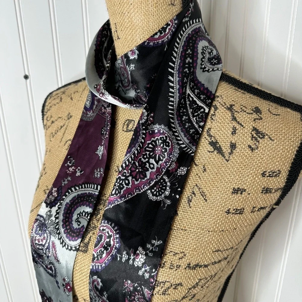Womens‎ Skinny Scarf Paisley Floral Black Silver Purple Satin Necktie Purse Hair
